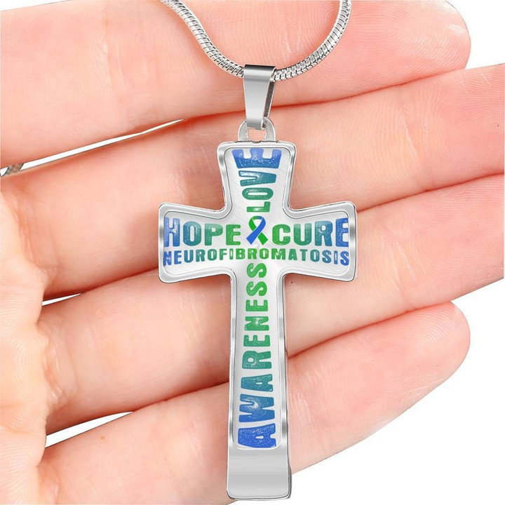 Hope Love Cure Neurofibromatosis Awareness Gift Stainless Cross Pendant Necklace