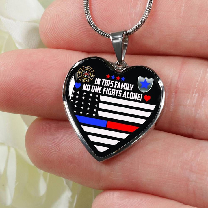 In This Family No One Fights Alone Gift For Firefighter And Law Enforcement Stainless Heart Pendant Necklace