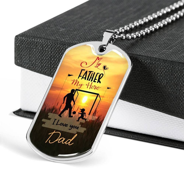 My Father My Hero Football Gift For Dad Stainless Dog Tag Pendant Necklace