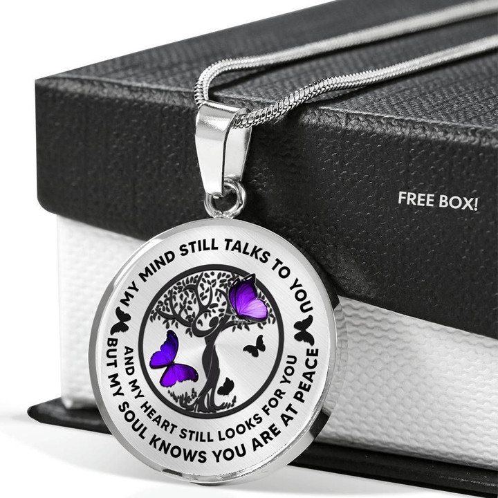 Purple Butterflies Woman Tree Of Life Gift For Mom Stainless Circle Pendant Necklace