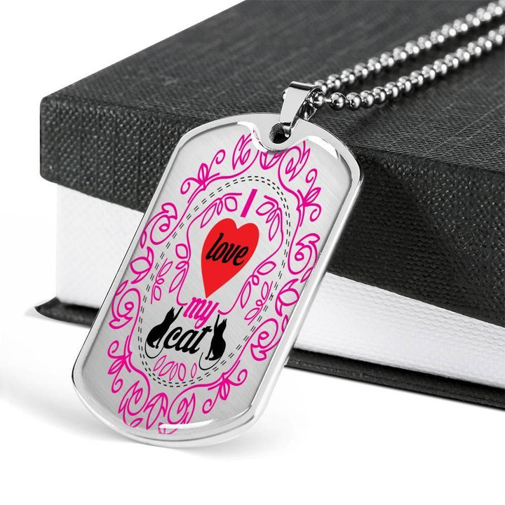 Love My Cat Pink Paisley Design Stainless Dog Tag Pendant Necklace Gift For Men