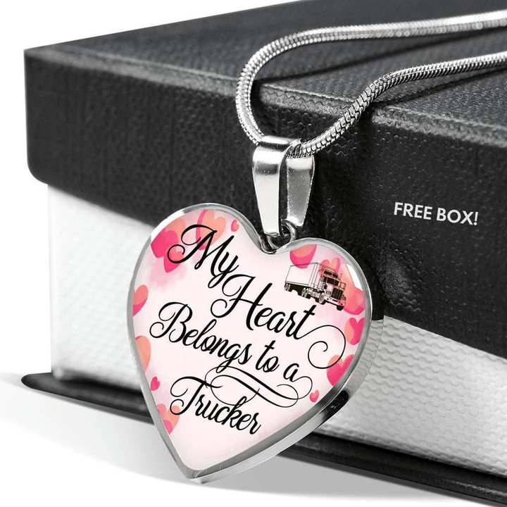 My Heart Belongs To A Trucker Gift For Trucker Husband Stainless Heart Pendant Necklace