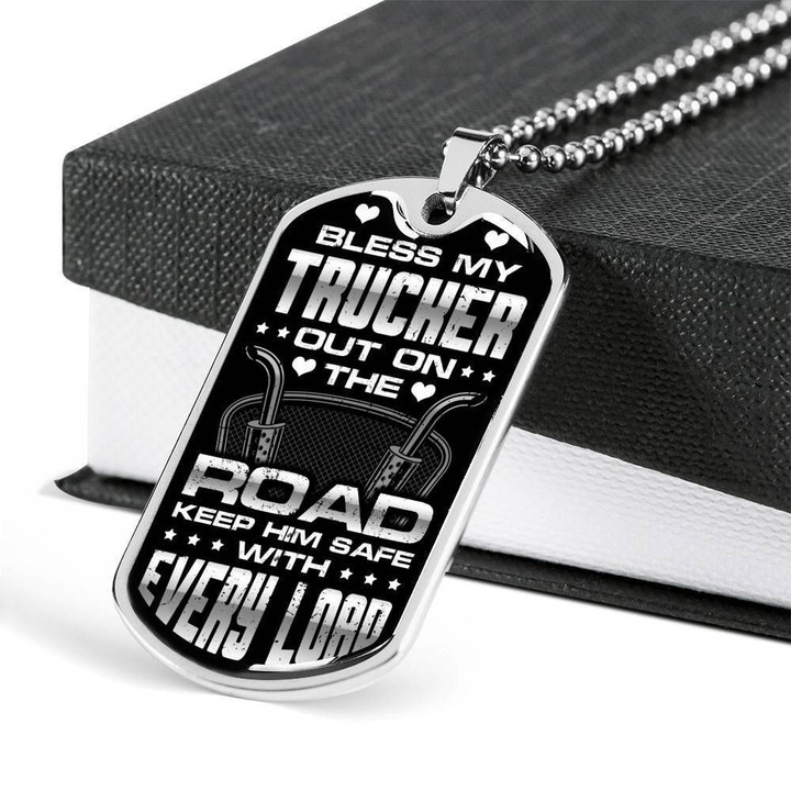 Stainless Dog Tag Pendant Necklace Gift For Men Bless My Trucker Out On The Road