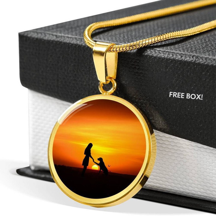 Friendship Between Human And A Dog 18k Gold Circle Pendant Necklace Gift For Women