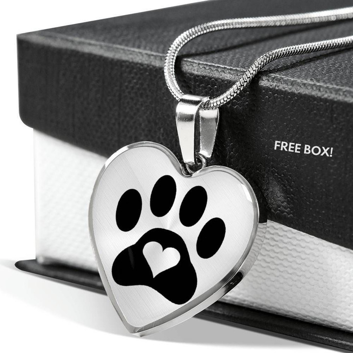Black Dog Paw Gift For Dog Lovers Stainless Heart Pendant Necklace