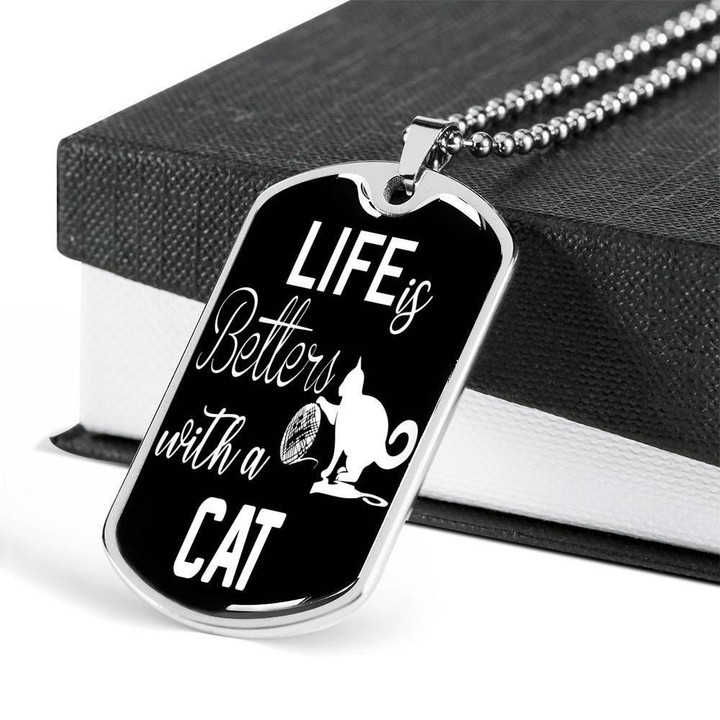 Life Better With A Cat Gift For Cat Lovers Stainless Dog Tag Pendant Necklace