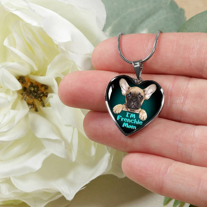 Frenchie Bulldog Mom Stainless Heart Pendant Necklace Gift For Dog Lovers