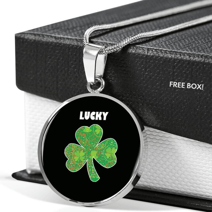 Lucky Shamrock Irish St Patrick’s Day Gift Black Stainless Circle Pendant Necklace