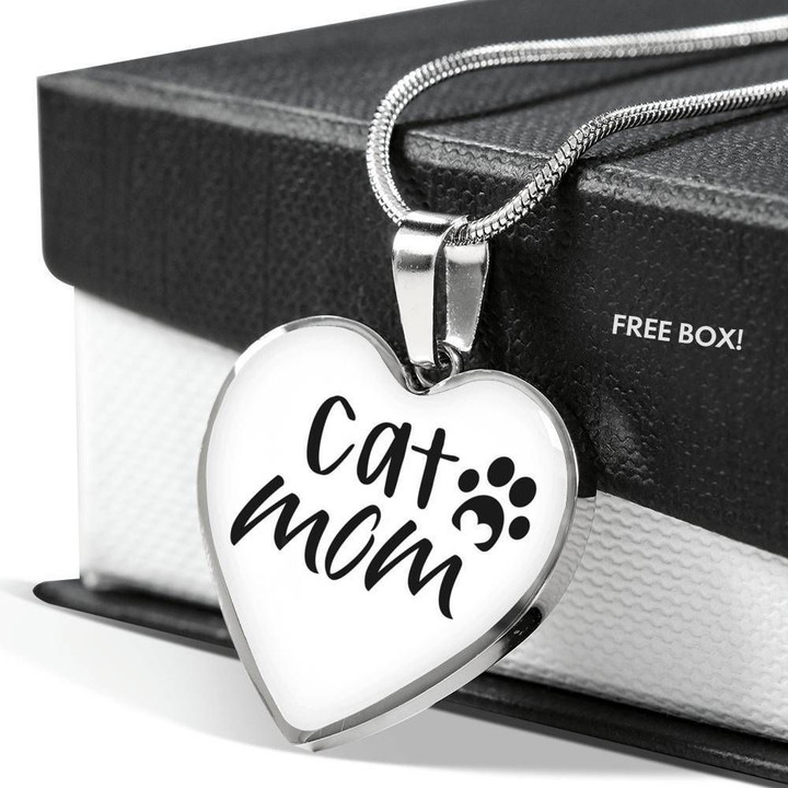 White Background Cat Mom Gift For Cat Lovers Stainless Heart Pendant Necklace