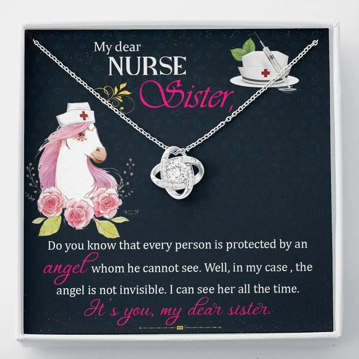 It's You My Dear Sister Unicorn Gift For Nurse Sister 14K White Gold Love Knot Necklace