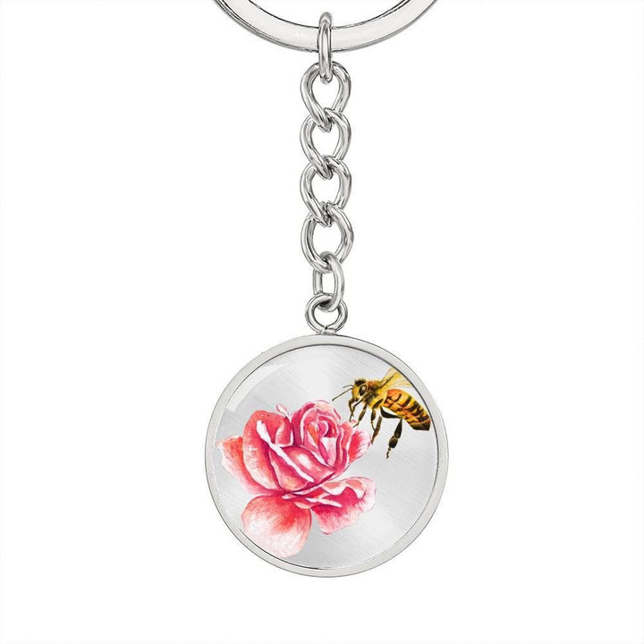 Honeybee And Rose Gift For Mom Stainless Circle Pendant Keychain