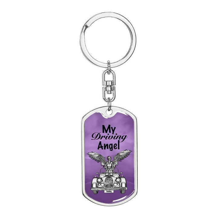 Purple My Driving Angel Gift For Men Stainless Dog Tag Pendant Keychain