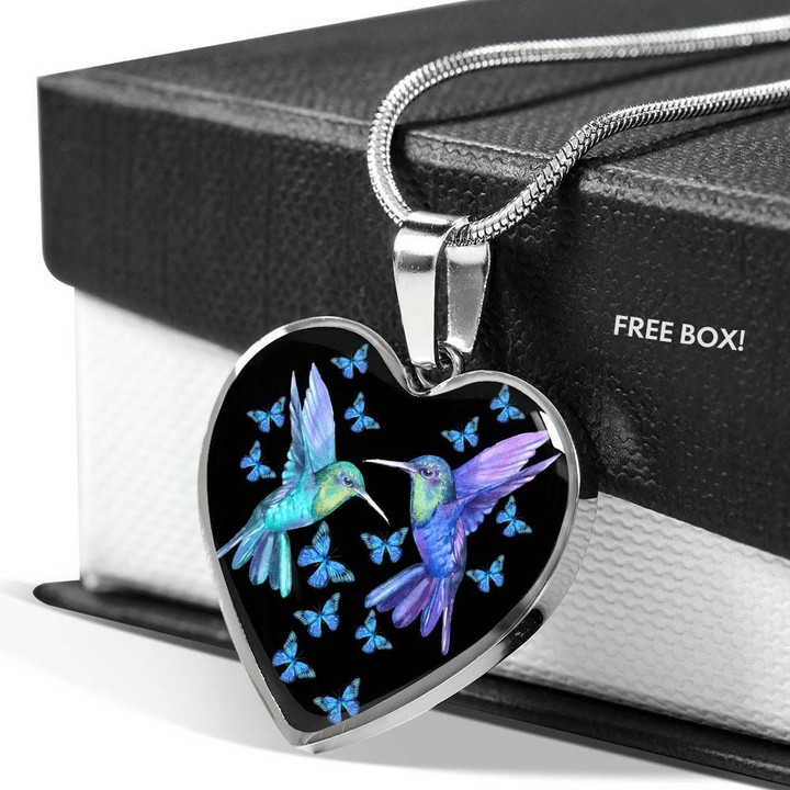 Bohemian Hummingbird Blue Butterflies Stainless Heart Pendant Necklace Gift For Women
