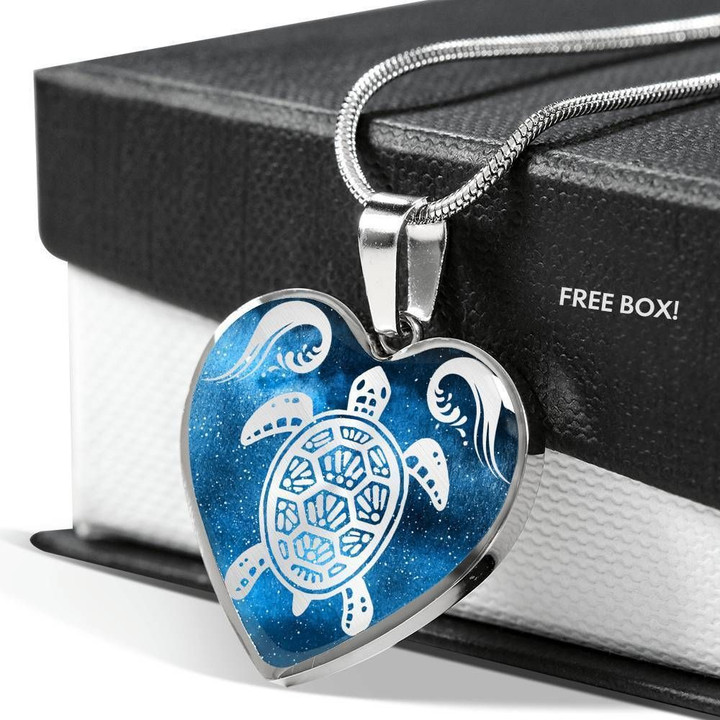Bohemian Turtle Blue Galaxy Gift For Turtle Lover Stainless Heart Pendant Necklace