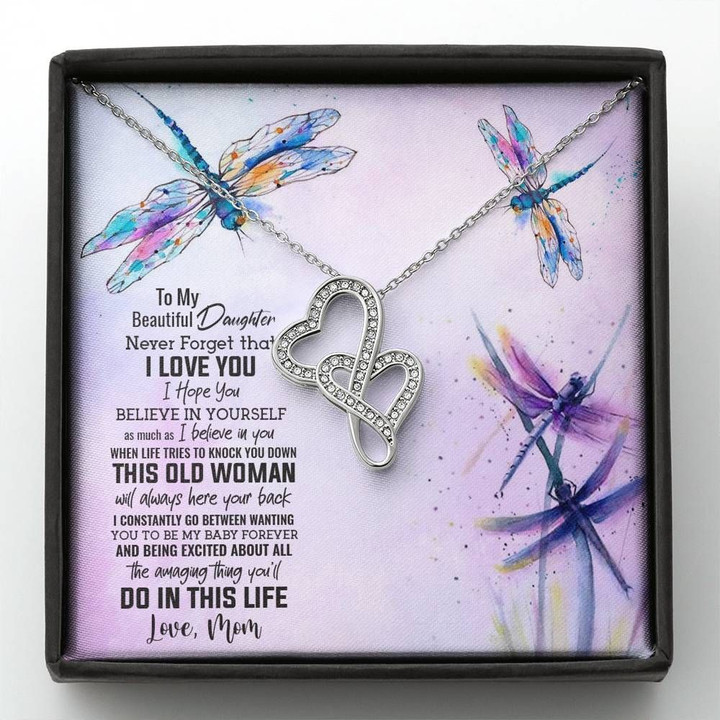 Dragonfly Never Forget I Love You Double Hearts Necklace Gift For Daughter