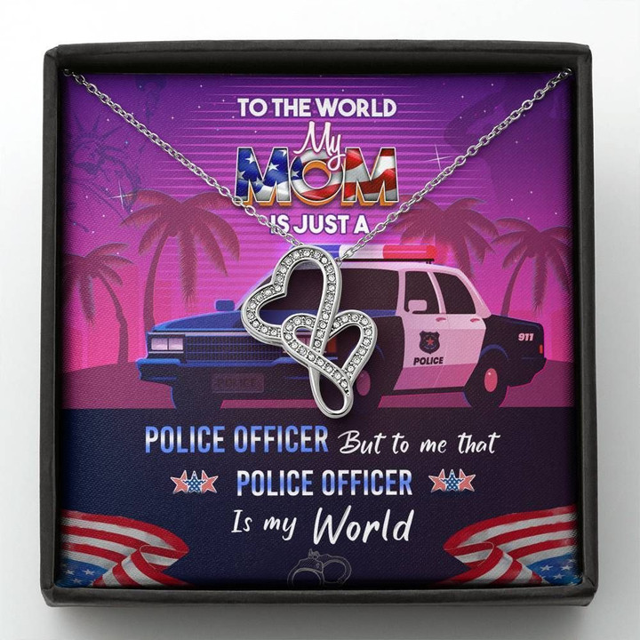 To The World My Mom Is Just A Police Officer Gift For Police Mom Double Hearts Necklace Gift For Mom