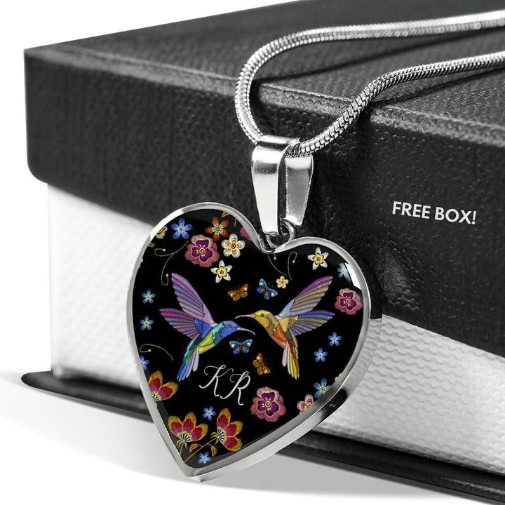 Kr Hummingbird Couple Floral Stainless Heart Pendant Necklace Gift For Women