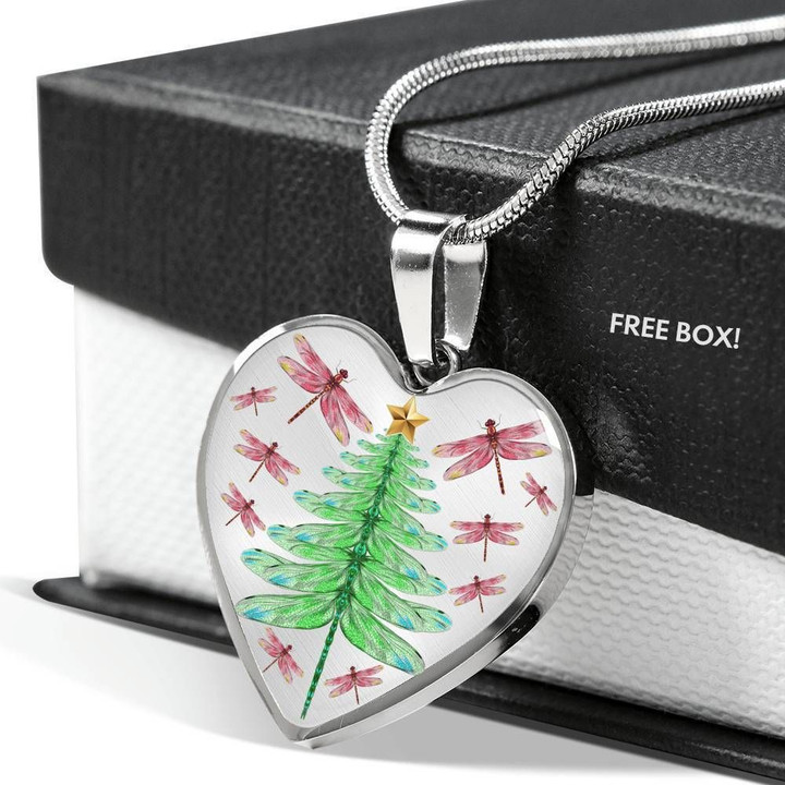 Christmas Pine Tree Pink Dragonfly Stainless Heart Pendant Necklace Gift For Women