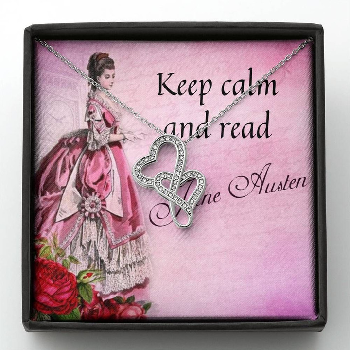 Keep Calm And Read Double Hearts Necklace Gift For Wife Jane Austen