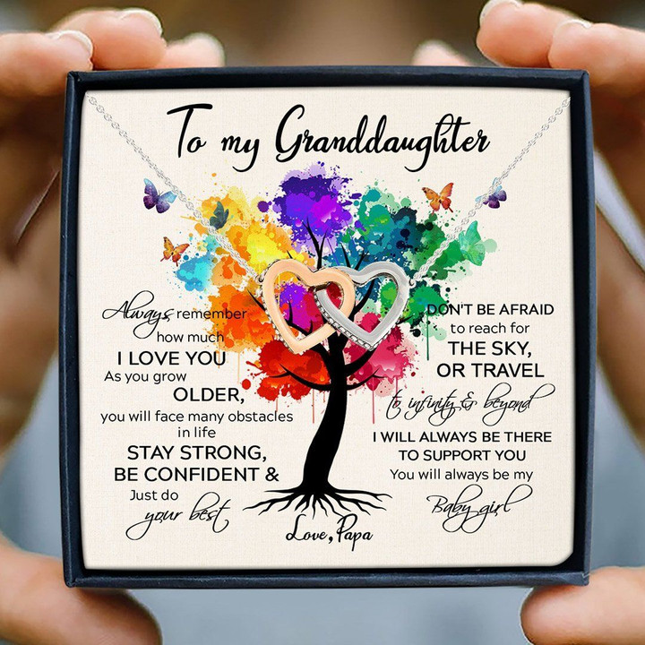 Papa Gift For Granddaughter I Will Always Be There To Support You Colorful Tree Interlocking Hearts Necklace