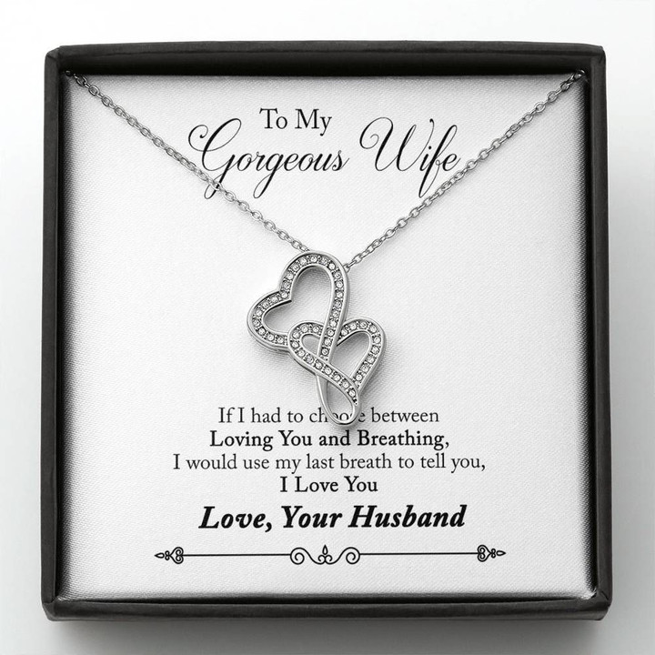 Gift For Wife Loving You And Breathing Double Hearts Necklace