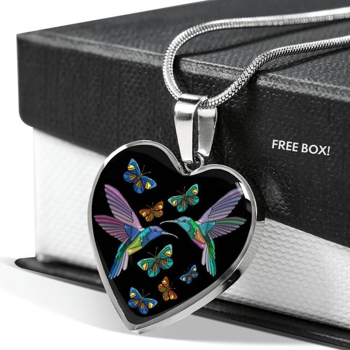 Hummingbird Love Black Background Gift For Her Heart Pendant Necklace