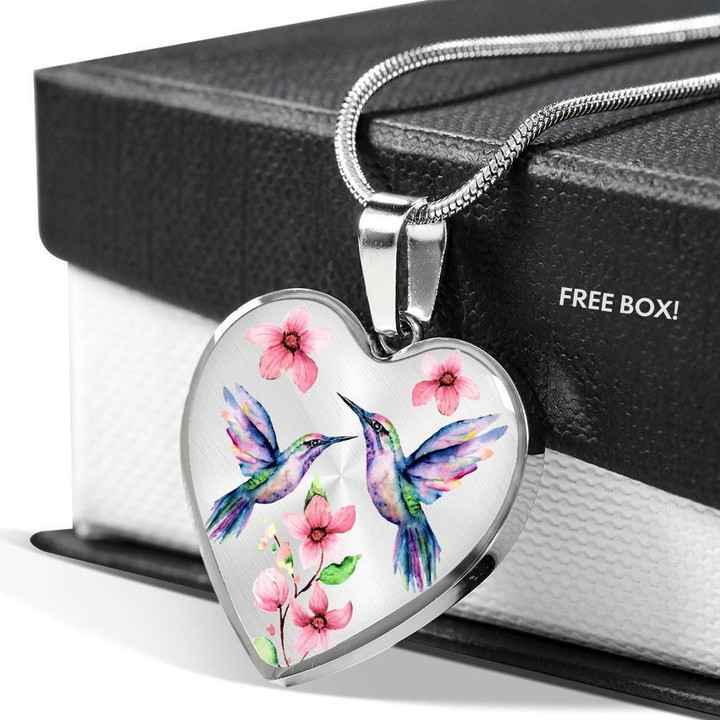 Watercolor Hummingbird Stainless Heart Pendant Necklace Gift For Girls