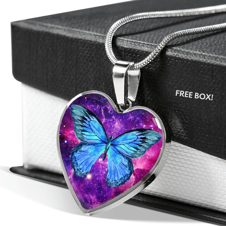 Blue Butterfly Galaxy Stainless Heart Pendant Necklace Gift For Women