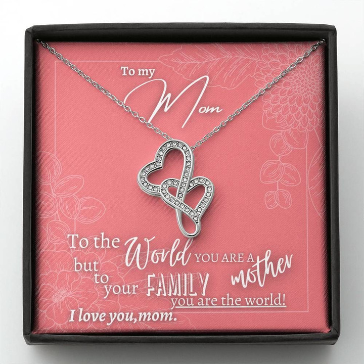 Pink Flower Hand Drawing To Our Family You Are The World Double Hearts Necklace Gift For Mom