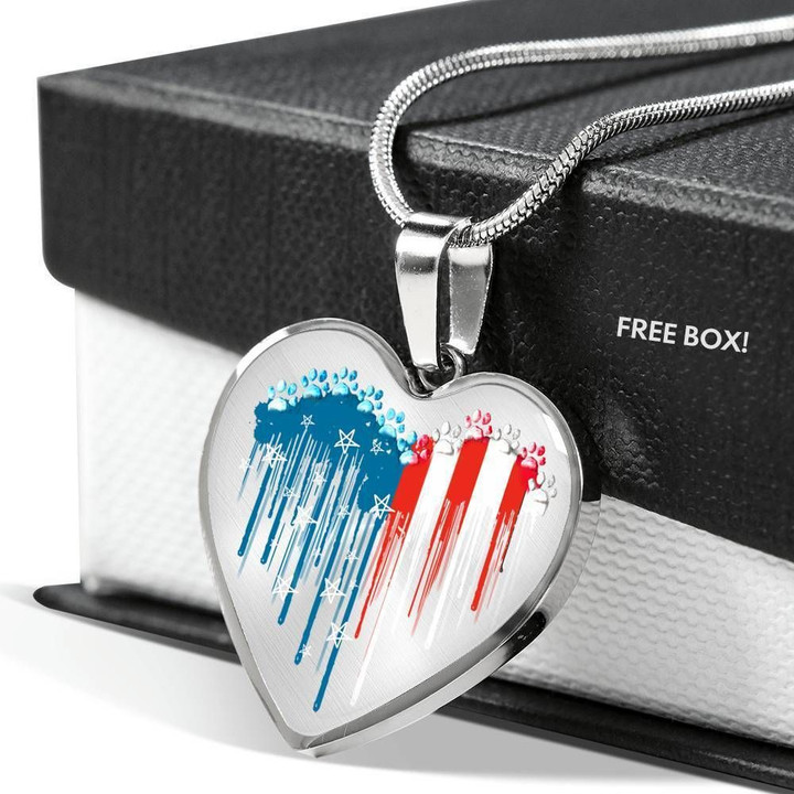 Heart Pendant Necklace Gift For Women Dog US Flag In My Heart