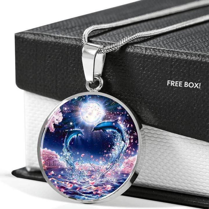 Love Dolphin Couple Full Moon Circle Pendant Necklace Gift For Women