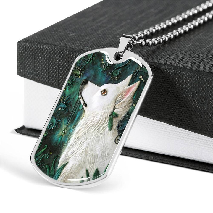 White Wolf Stainless Dog Tag Pendant Necklace Gift For Men