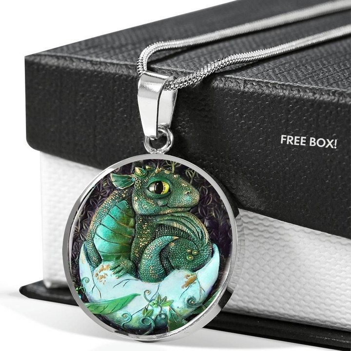 Little Green Dragon Stainless Circle Pendant Necklace Gift For Women