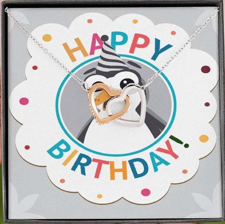 Birthday Penguin Message Card Interlocking Hearts Necklace Gift For Women