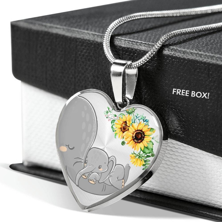 Elephant Love And Sunflower Stainless Heart Pendant Necklace Gift For Women