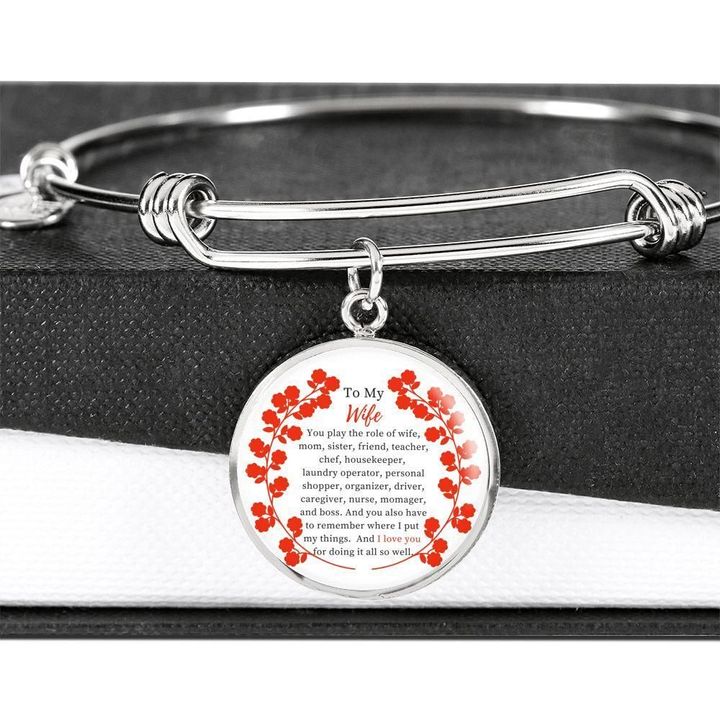 I Love You Red Flowers Border Gift For Wife Circle Pendant Bracelet Bangle