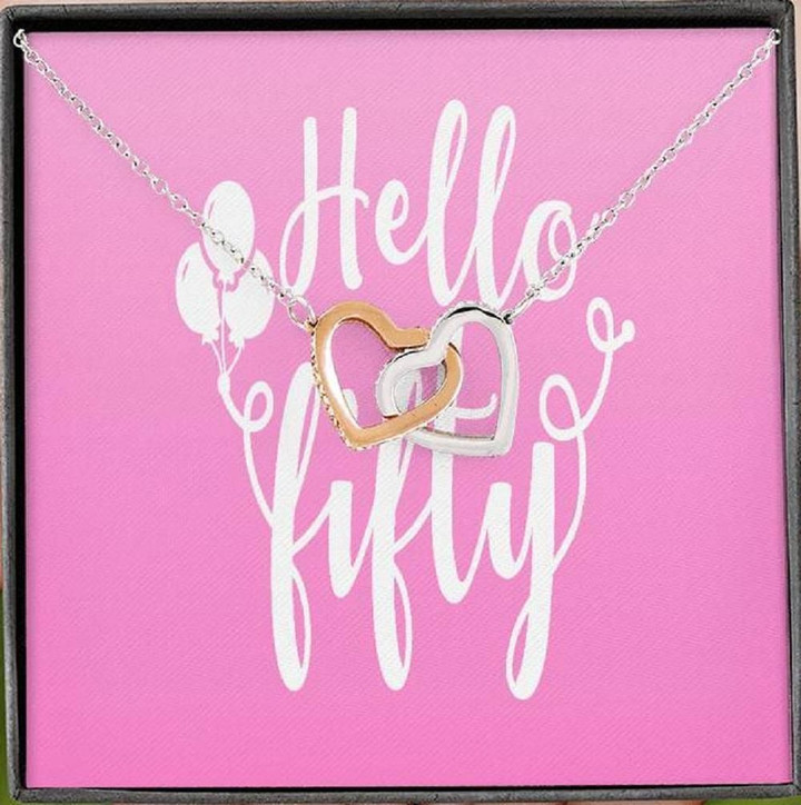Hello Fifty Birthday Gift Pink Message Card Interlocking Hearts Necklace