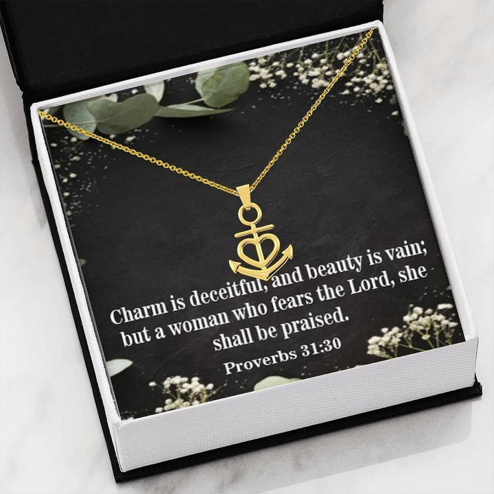 Religious Gift Charm Is Deceitful And Beauty Is Vain 18K Gold Anchor Necklace