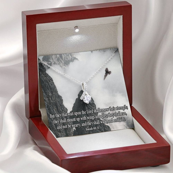 Wait Upon the Lord Inspirational Message Gift 14K White Gold Alluring Beauty Necklace With Mahogany Style Gift Box