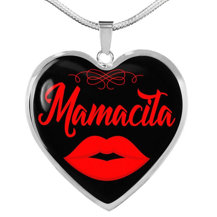 Spanish Hot Mama Mamacita Red Lips Gift For Mom Heart Pendant Necklace
