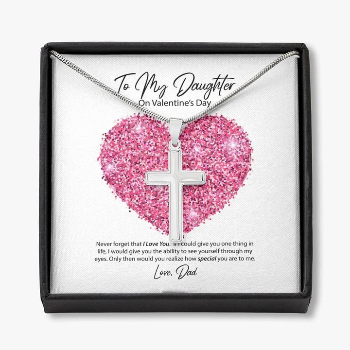 Pink Heart Love You Forever Cross Necklace Dad Gift For Daughter