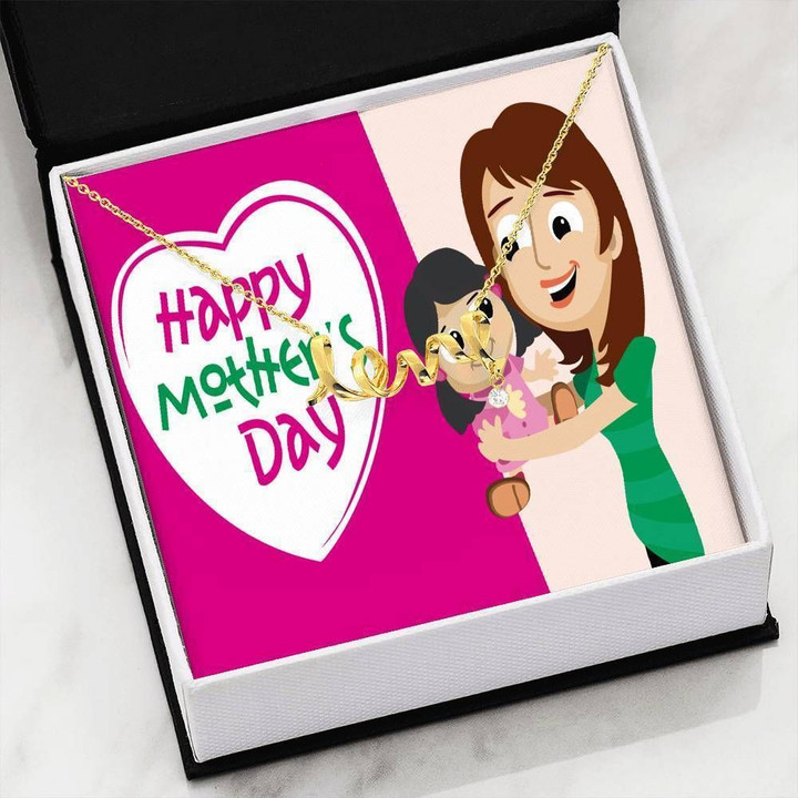 Pink Background Happy Mother's Day Scripted Love Necklace Gift For Women
