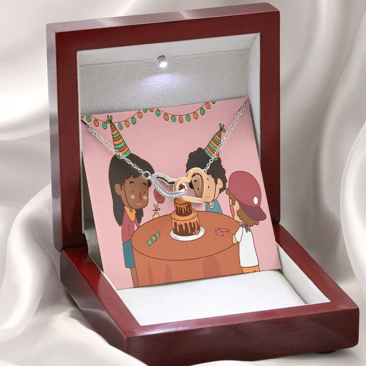 Kids Party Birthday Message Card Interlocking Hearts Necklace With Mahogany Style Gift Box
