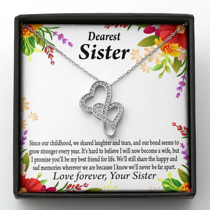 Message Card Double Hearts Necklace Gift For Sister We'll Never Be Apart