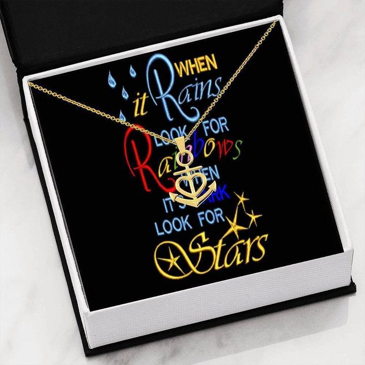 When It Rains Look For Rainbow Message Card Anchor Necklace Gift For Women