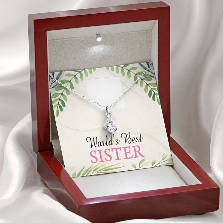 World's Best Sister Gift For Sister 14k White Gold Alluring Beauty Necklace With Mahogany Style Gift Box
