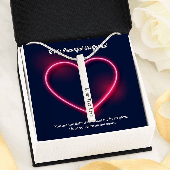 Neon Heart I Love You With All My Heart Gift For Girlfriend Stainless Vertical Bar Necklace