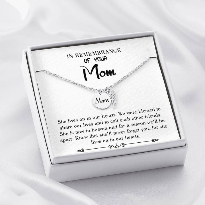 She Lives On In Our Hearts Gift For Angel Mom Remembrance Angel Wing Necklace