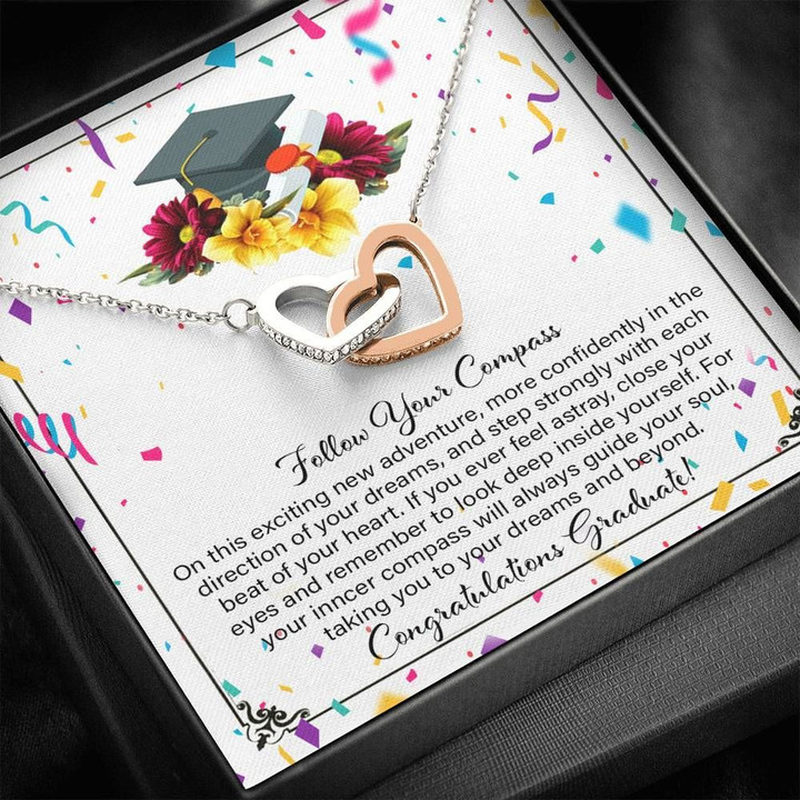 Graduation Gift For Daughter Follow Your Compass Interlocking Hearts Necklace