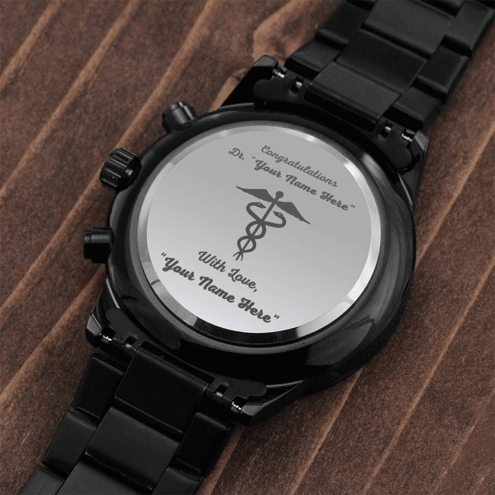 Gift For Him New Doctor Or Resident Custom Name Engraved Customized Black Chronograph Watch
